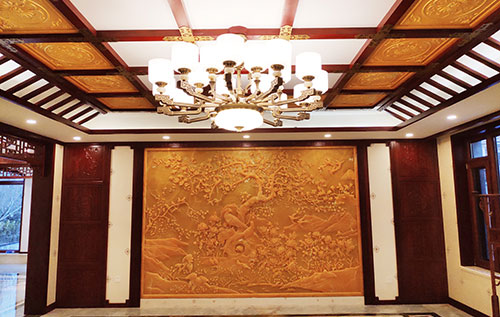 抱由镇中式别墅客厅中式木作横梁吊顶装饰展示